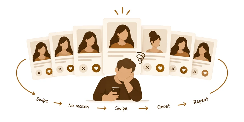 A tired user in an endless loop of swipe, no match, ghost and repeat